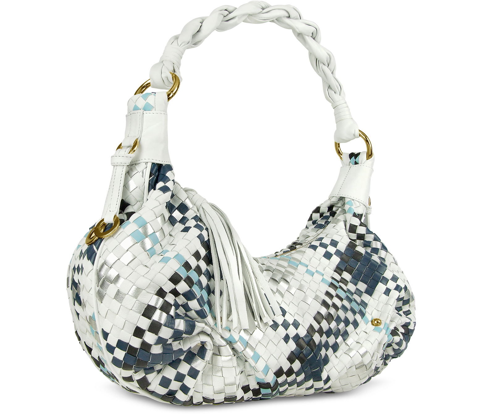 Fontanelli Blue & White Woven Leather East/West Hobo Bag at FORZIERI