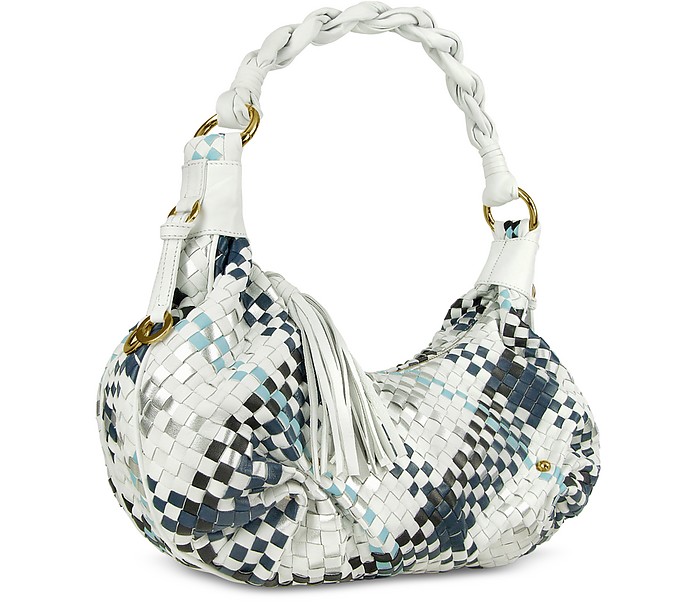 Blue & White Woven Leather East/West Hobo Bag - Fontanelli