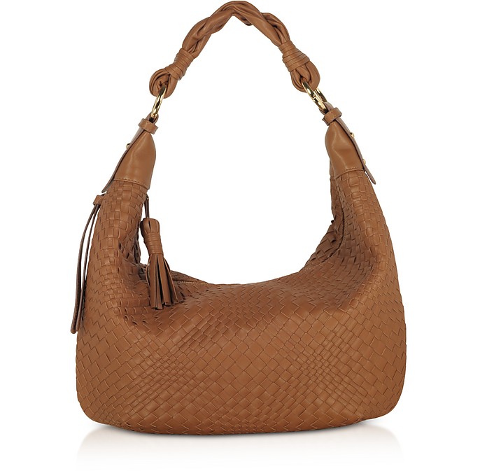 Tan Washed Woven Leather Gusset Hobo Bag - Fontanelli