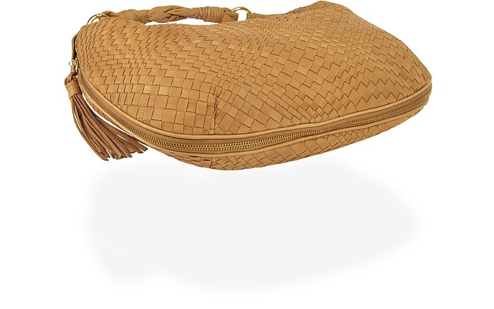 Fontanelli Tan Washed Woven Leather Gusset Hobo Bag at FORZIERI