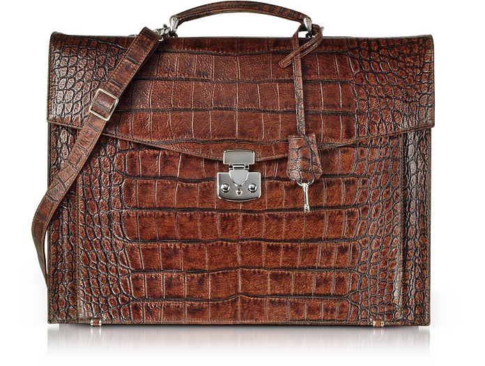 Brown CrocO-Embossed Leather Briefcase - Fontanelli