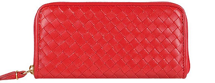 Damenbrieftasche aus gewobenem Leder in rot mit Reißverschluss - Fontanelli