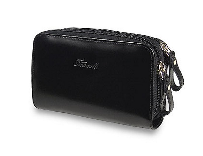 Black Polished Calf Leather Zip Wallet - Fontanelli