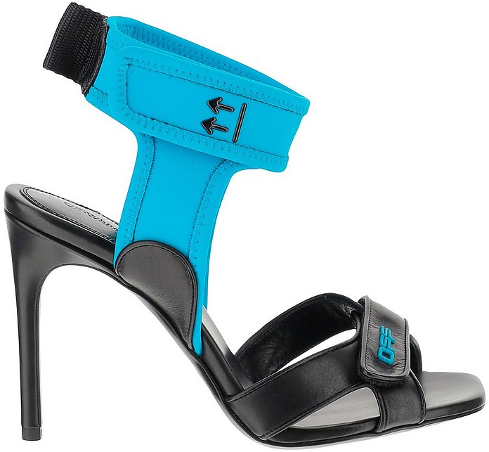 Black Leather and Turquoise Neoprene High Heel Sandals - Off-White