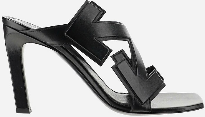 Black Leather High Heel Slide Sandals - Off-White