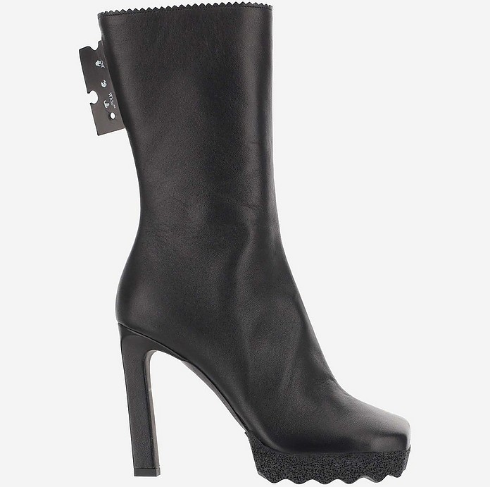 Black Leather High-Heel Ankle Boots - Off-White