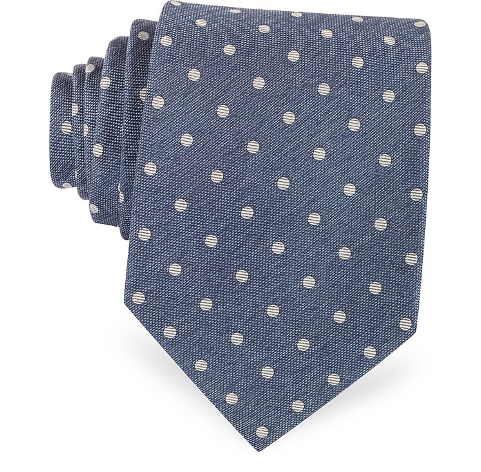 Navy Blue & White Dots Print Woven Silk Tie - Forzieri