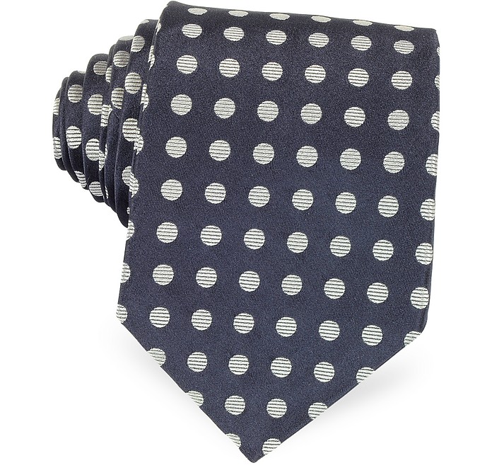 Dark Blue with Gray Large Woven Dots Men's Pure Silk Tie - Forzieri