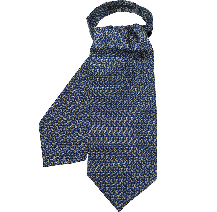 Blue & Yellow Paisley Printed Twill Silk Ascot Tie - Forzieri