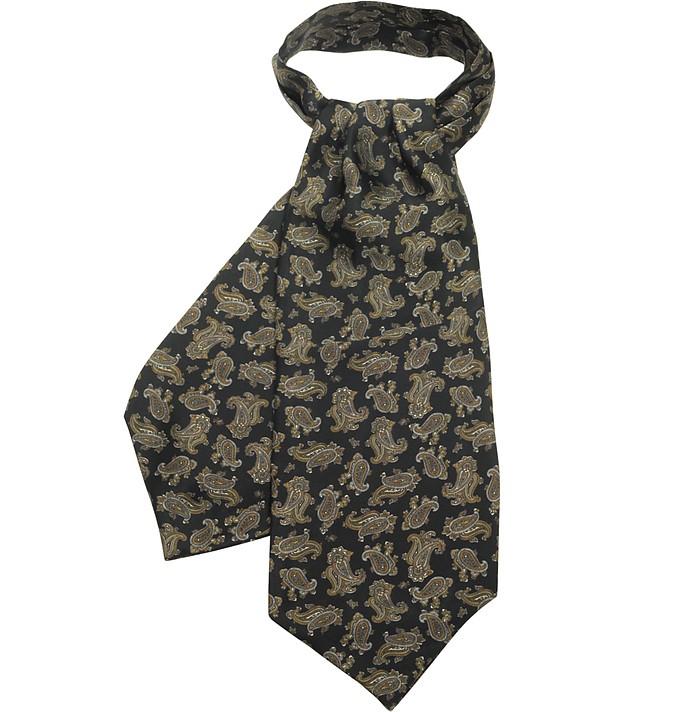 Black Paisley Printed Pure Silk Ascot Tie - Forzieri