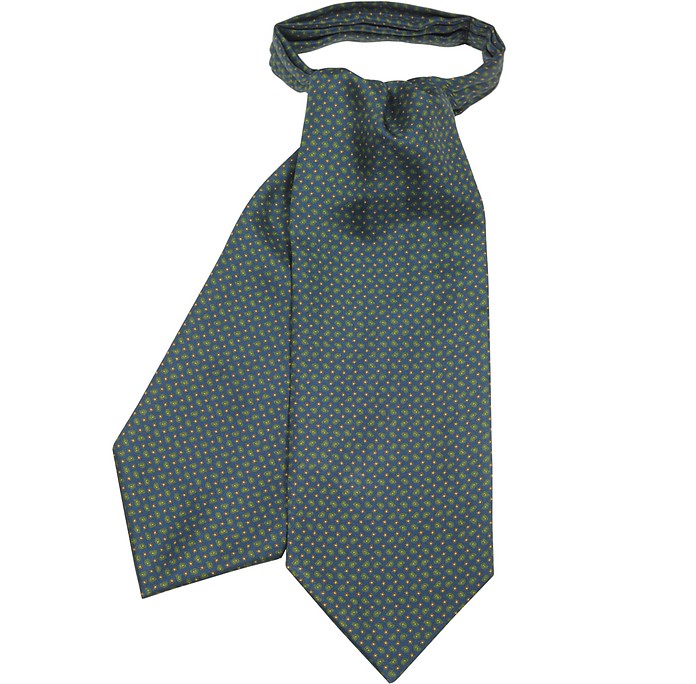 Blue and Green Micro Paisley Printed Pure Silk Ascot Tie - Forzieri