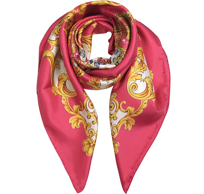 Red and Gold Print Baroque Square Silk Scarf - Forzieri
