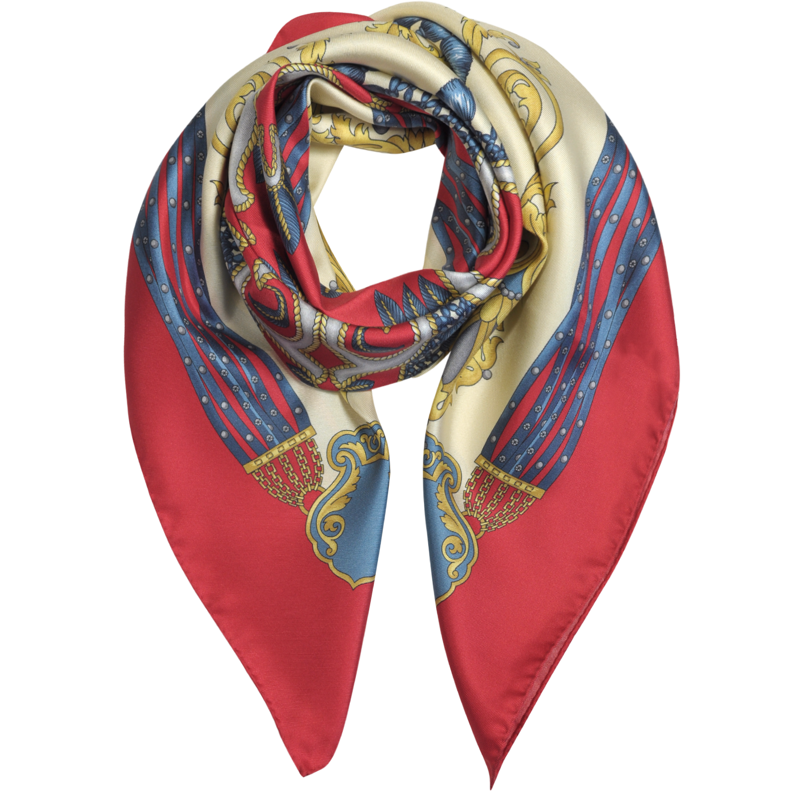 Red, Beige and Blue Printed Silk Square Scarf