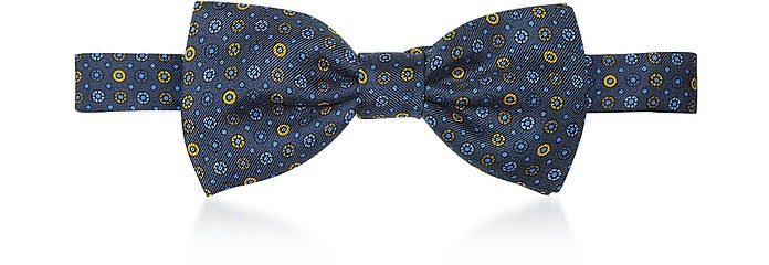Blue/Gold Floral & Dots Print Silk Pre-Tied Bow Tie - Forzieri