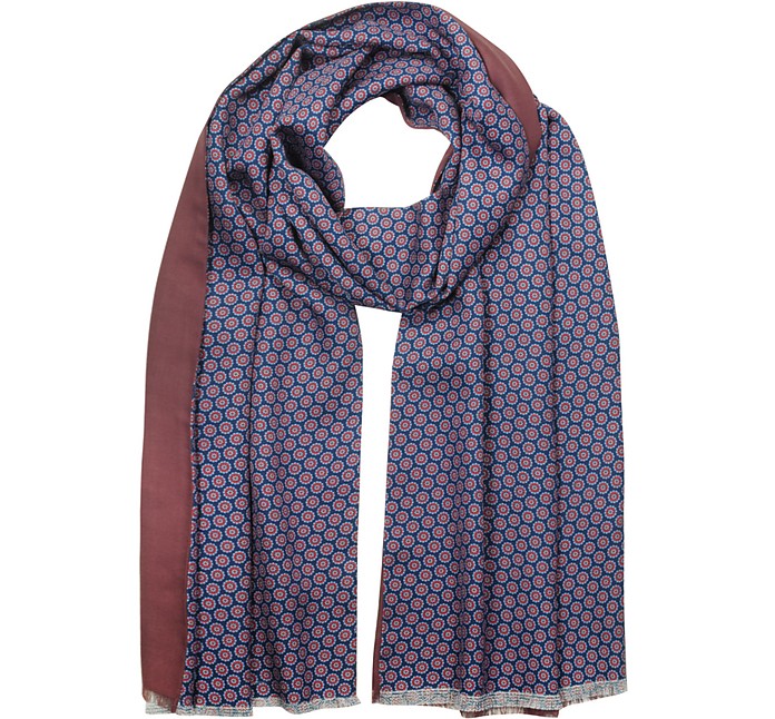 Blue Printed Silk and Burgundy Wool & Cashmere Men's Double Scarf - Forzieri