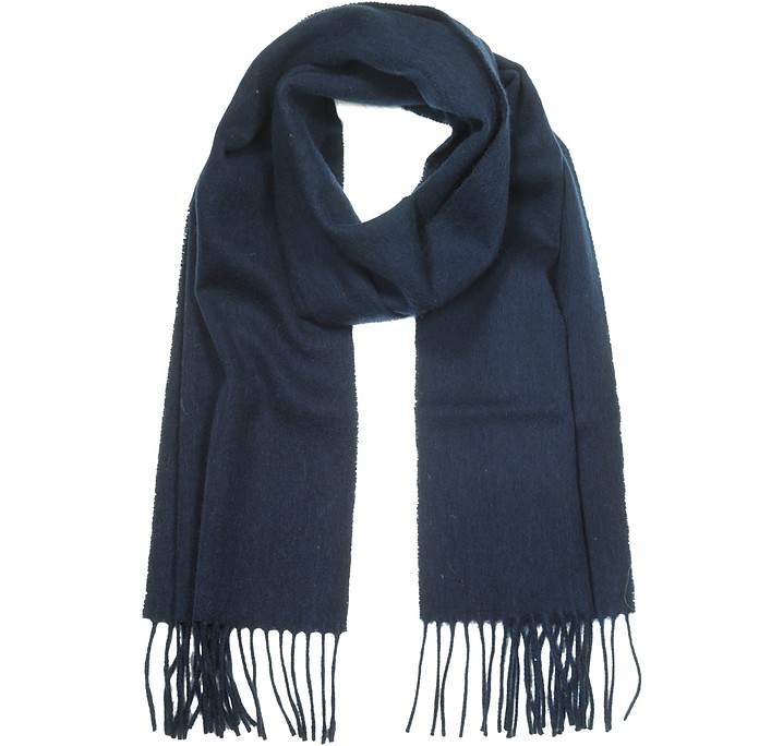 Deep Blue Cashmere and Wool Blend Fringed Scarf - Forzieri