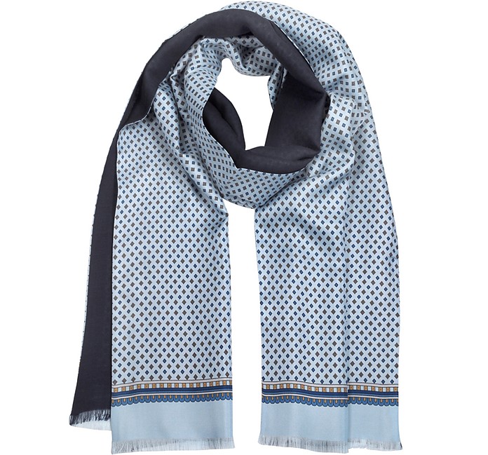Light Blue Printed Silk and Solid Wool Men's Scarf - Forzieri