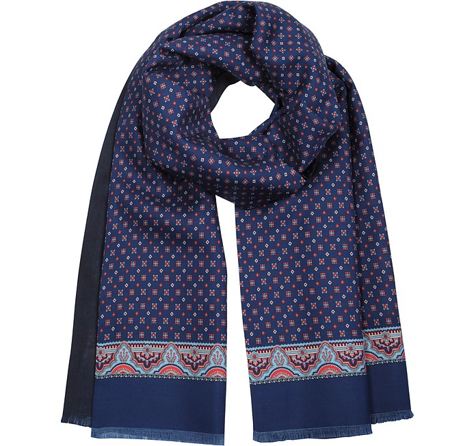 Dark Blue and Red Printed Silk and Solid Wool Men's Scarf - Forzieri