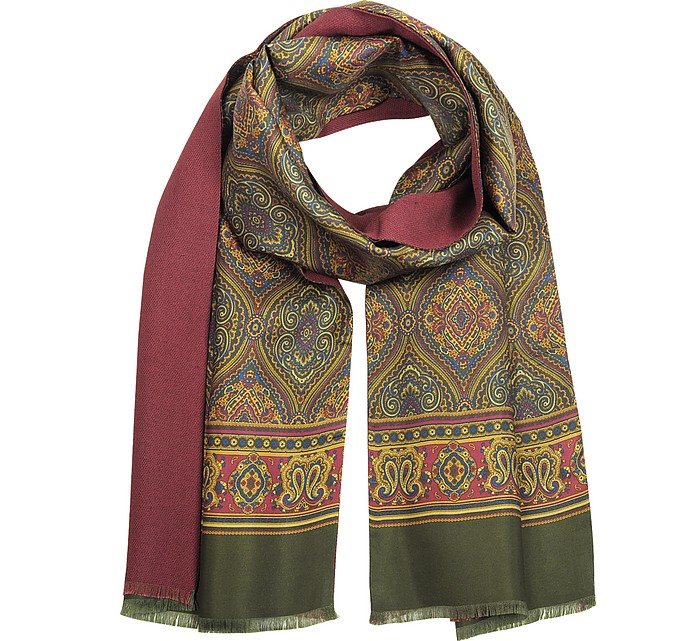 Dark Green and Bordeaux Printed Silk and Solid Wool Men's Scarf - Forzieri