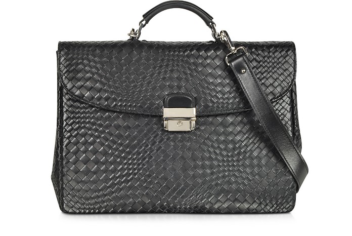 Black Woven Leather Briefcase - Forzieri