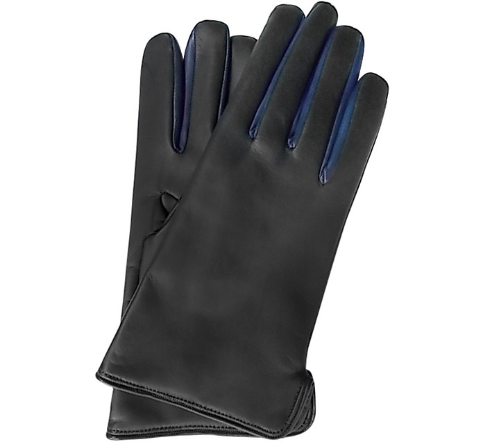 Black Leather Men's Gloves w/Wool Lining & Blue Trim - Forzieri