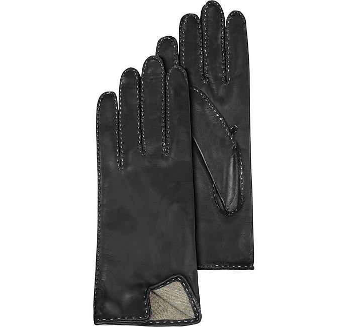 Forzieri Women's Stitched Cashmere Lined Black Italian Leather Gloves M ...