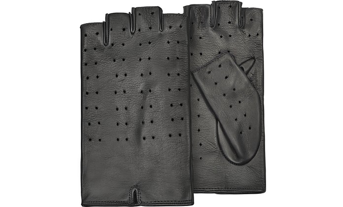 Women's Black Perforated Fingerless Leather Gloves - Forzieri