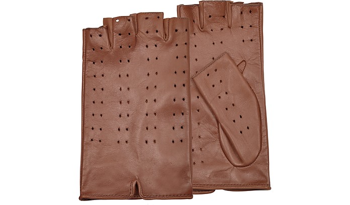 Women's Tan Perforated Fingerless Leather Gloves - Forzieri
