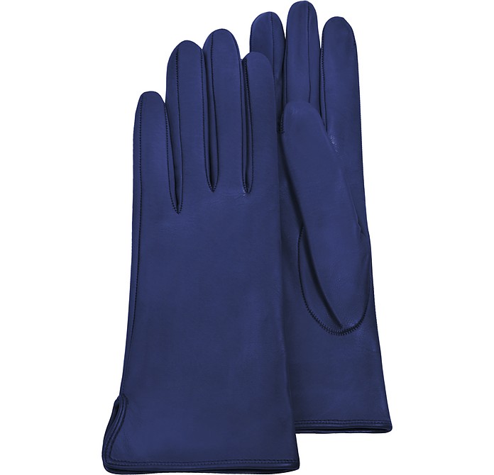 Women's Bright Blue Calf Leather Gloves w/ Silk Lining - Forzieri