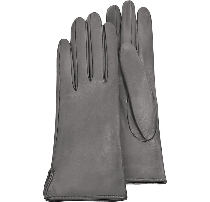 Women's Gray Calf Leather Gloves w/ Silk Lining - Forzieri