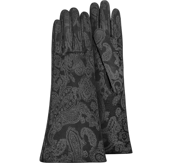 Women's Black Suede Gloves w/ Silkscreen Design - Forzieri