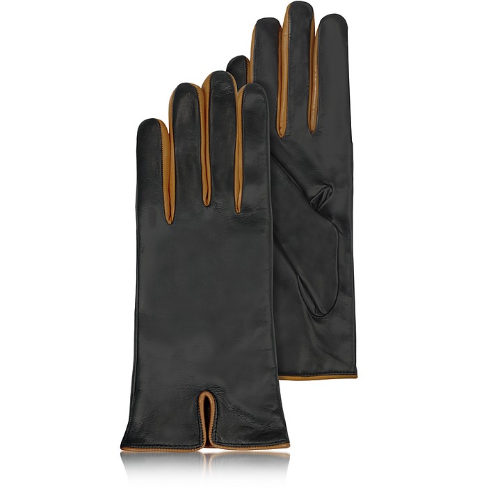 Black & Cognac Cashmere Lined Leather Ladies' Gloves  - Forzieri