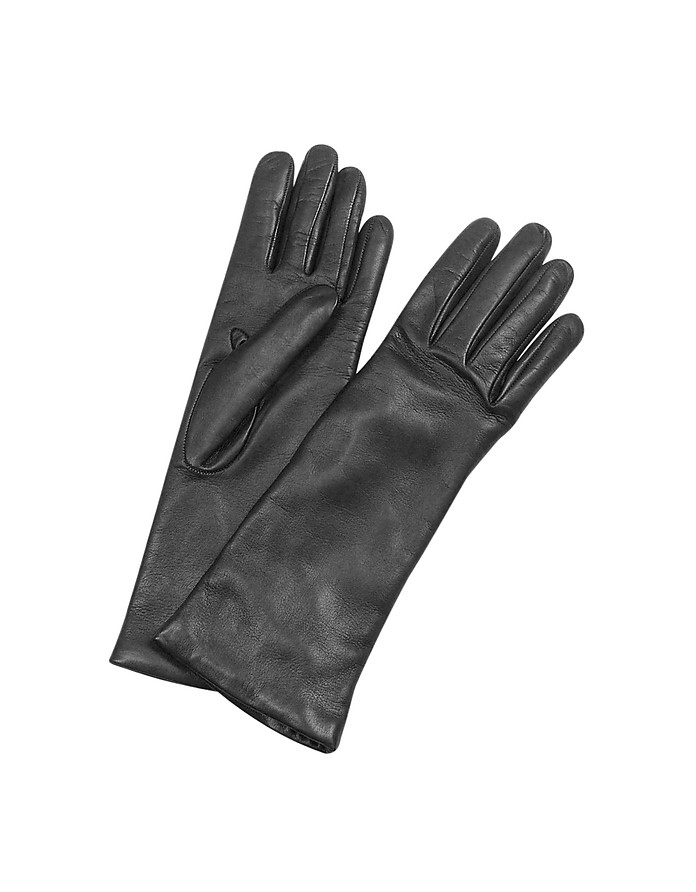 Women's Cashmere Lined Black Italian Leather Long Gloves - Forzieri