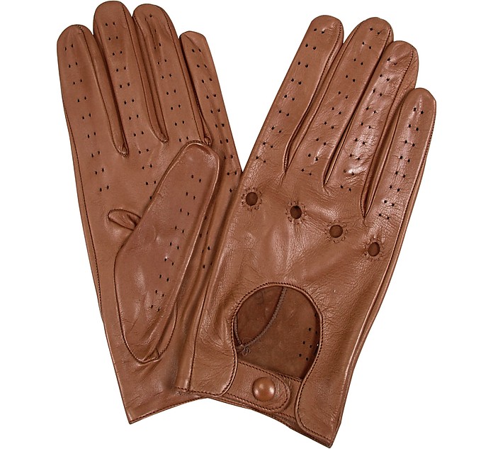 Women's Tan Perforated Italian Leather Driving Gloves - Forzieri