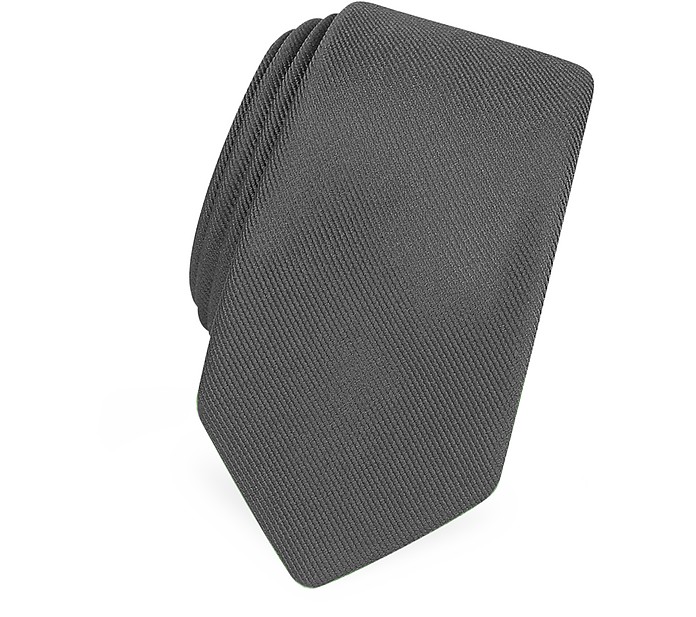 Solid Dark Grey Twill Silk Narrow Tie - Forzieri