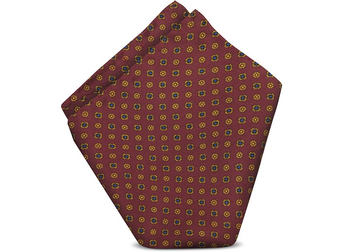 Burgundy/Gold and Blue Floral Printed Silk Pocket Square - Forzieri