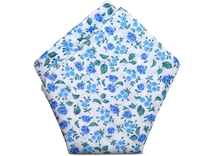 White and Light Blue Flower Printed Cotton Pocket Square - Forzieri