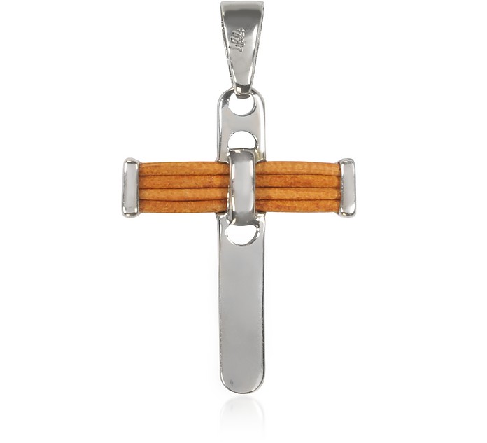 Stainless Steel and Leather Cross Pendant - Forzieri