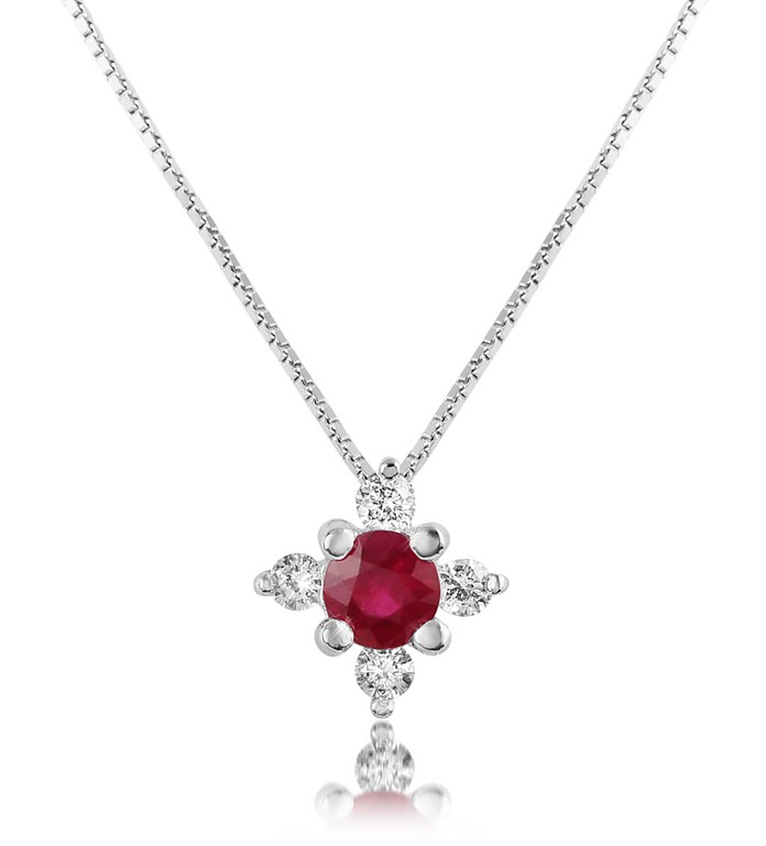 Victoria - Diamond and Ruby Flower 18K Gold Pendant Necklace - Incanto Royale