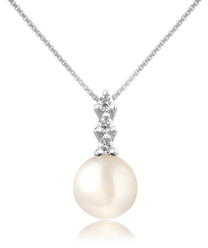 Victoria - Diamond and Pearl Pendant 18K Gold Necklace - Forzieri