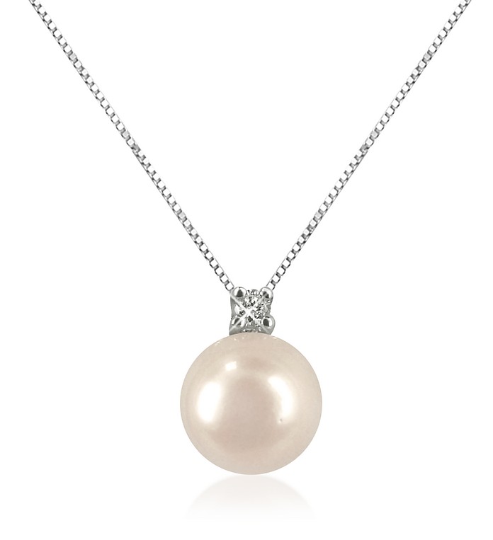 Princess - 0.035 ct Diamond and Pearl 18k Gold Necklace - Forzieri