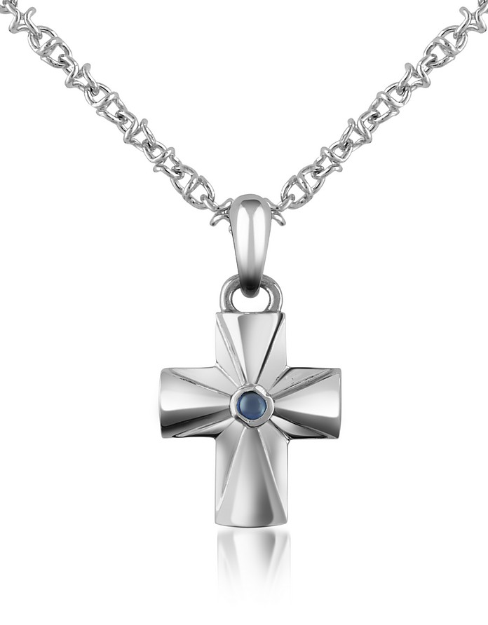 Central Sapphire Stainless Steel Cross Pendant Necklace - Forzieri