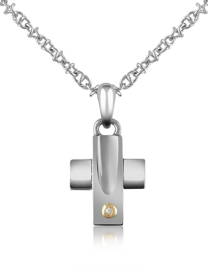 Diamond and Stainless Steel Cross Pendant Necklace - Forzieri
