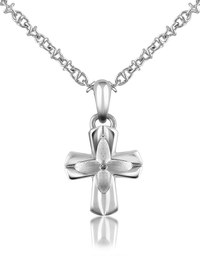 Deco Diamond and Stainless Steel Cross Pendant Necklace - Forzieri
