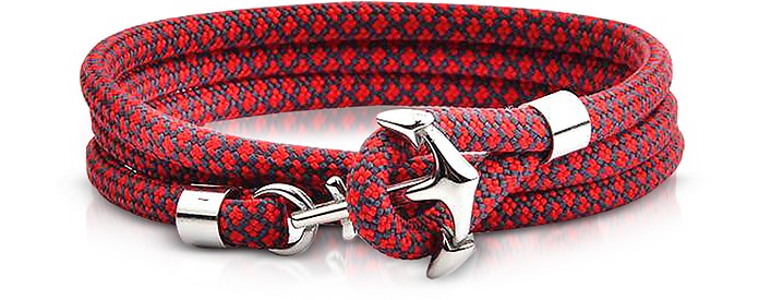 Triple Bracelet Homme en Toile Tressée Rouge/Noire avec Ancre en Métal - Forzieri