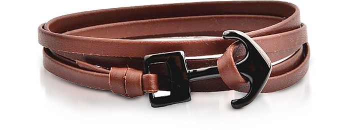 Leather Men's Double Bracelet w/Black Anchor - Forzieri