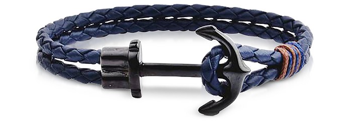 Dark Blue Leather Men's Bracelet w/Black Anchor - Forzieri