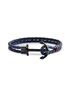 Dark Blue Leather Men's Bracelet w/Black Anchor