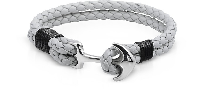 Light Gray Leather Men's Bracelet w/Anchor - Forzieri