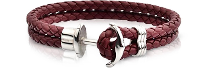 Light Brown Leather Men's Bracelet w/Anchor - Forzieri